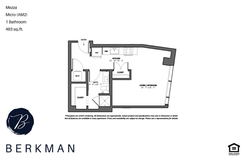 Floor plan for studio, 1 bath, 483 sqft